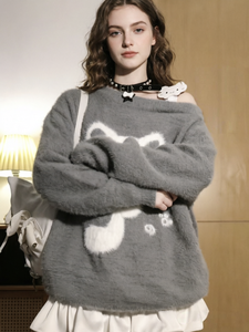 Pull en tricot doux et moelleux gris avec motif chat mignon, pull oversize Kawaii à épaules dénudées pour <span class=keywords><strong>femme</strong></span>, streetwear d'hiver - Product Image 5