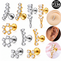 Anting-anting titanium G23 tanpa ulir CRYSPURE ASTM F-136, anting-anting labret bibir, anting-anting helix bunga, perhiasan tindik grosir