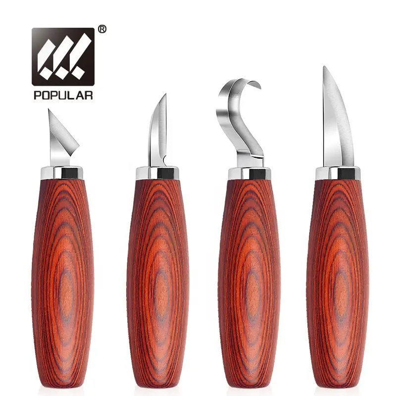 7Cr17MoV 4-Piece Hand Woodworking Kits Pakka Wood Handle Pumpkin Wood Carving Tools Knife Set