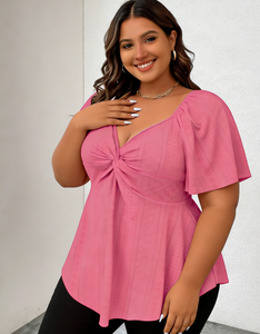 Blusa Casual de Manga Corta con Cuello en V y Nudos 3D de Fibra de Leche Roja Rosa para Mujer Talla Grande Joyinspring - Product Image 5