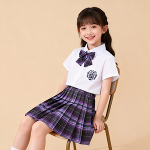 Set Uniforme Scolastica per Ragazze delle Scuole Elementari, Gonna Plissettata a Quadri Stile JK e Britannico con Camicia a Maniche Corte/Lunghe per Tutte le Stagioni - Product Image 3