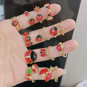 Rm1688 phong cách sang trọng 18K vàng dễ thương men bọ rùa phụ nữ bọ rùa và hoa Nhẫn chúc may mắn và tích cực biểu tượng mở Nhẫn - Product Image 4