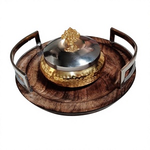 <b>Round</b> Shape Brass & Wood Serving <b>Tray</b> with Handles Serve Tea Coffee or Breakfast on <b>Table</b> - Product Image 1