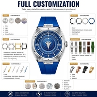 Reloj Mecánico Personalizado OEM con Esfera Azul Luminosa, Esqueleto, Caja Redonda de Acero, Piloto, Miyota, Automático, para Hombre