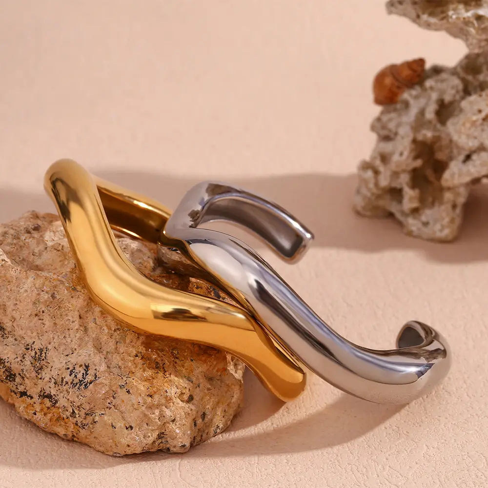 Design irregolare a onda liquida bracciale aperto placcato in oro 18k 925 in acciaio inox