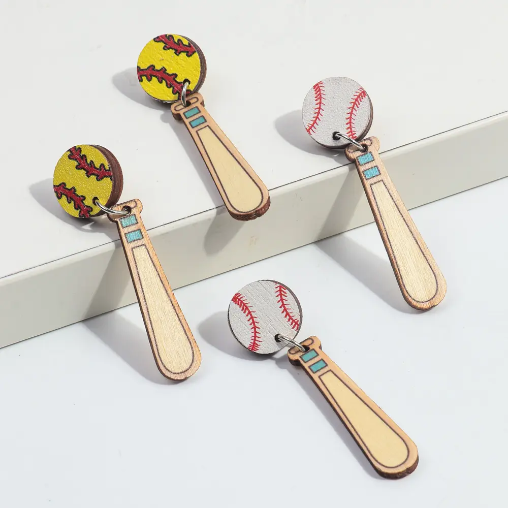 New Arrival Sports Creative Cartoon Baseball Stick Simple Fashion Accessory Wooden Drop Earrings for Women Girls