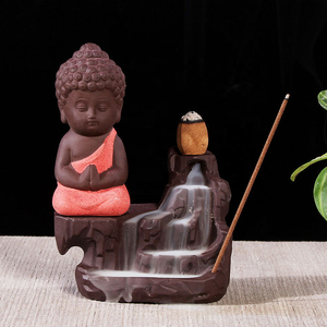 Tempat Pembakar Dupa Keramik Little Monk Buddha Waterfall dengan Aliran Balik, Ukuran Kecil 7,5*11,5cm, Bahan Kuningan, Portabel - Product Image 5