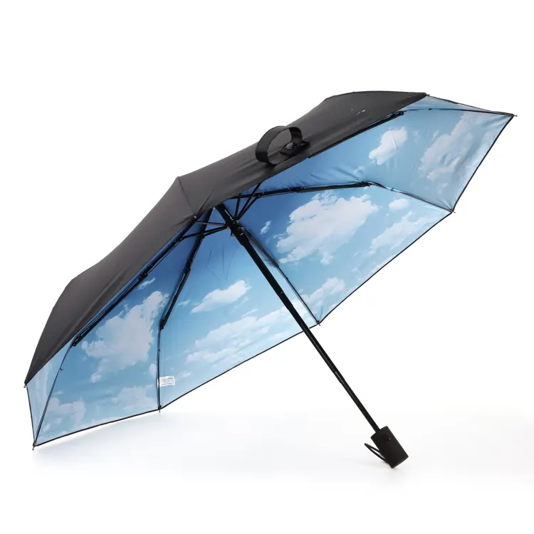 Tam otomatik yüksek kalite mavi gökyüzü baskı içinde sanat güneş UV koruma yağmur rüzgar geçirmez 3 katlanır şemsiye