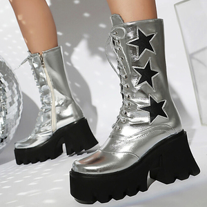 Bottes mi-mollet pour femmes en argent à talons épais, avec étoiles, à lacets sur le devant, bout carré, fermeture éclair latérale, plateforme - Product Image 1