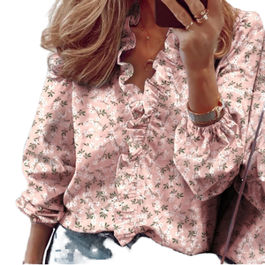 Blouse élégante et douce pour femme, style vintage, printemps-été, pull-over, nouvelle collection, à volants, manches longues, col en V, imprimé, tricoté, uni, teint. Tailles S-5XL. - Product Image 1