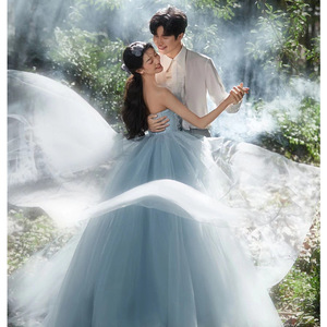 Blue Gray Strapless Ball Gown Wedding Dress Empire Waistline Princess Style Slim Fit High End Bridal Gown - Product Image 3