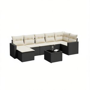 Ensemble de salon de jardin en rotin blanc crème et noir avec coussins, 6 places, mobilier d'extérieur, design contemporain - Product Image 1