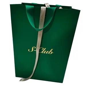 Custom Logo Green Paper Bag Jewelry Packaging Ribbon Handle Paper Bag for Necklaces Earrings Rings