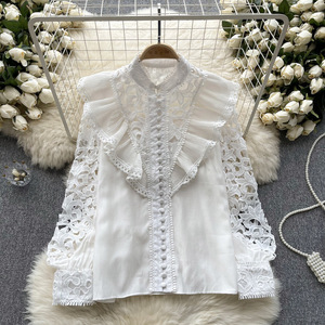 Camicette e camicie da donna di fascia alta personalizzate <span class=keywords><strong>in</strong></span> <span class=keywords><strong>pizzo</strong></span> di cotone di lusso leggero con maniche a lanterna con maniche vuote stile Casual elegante - Product Image 4