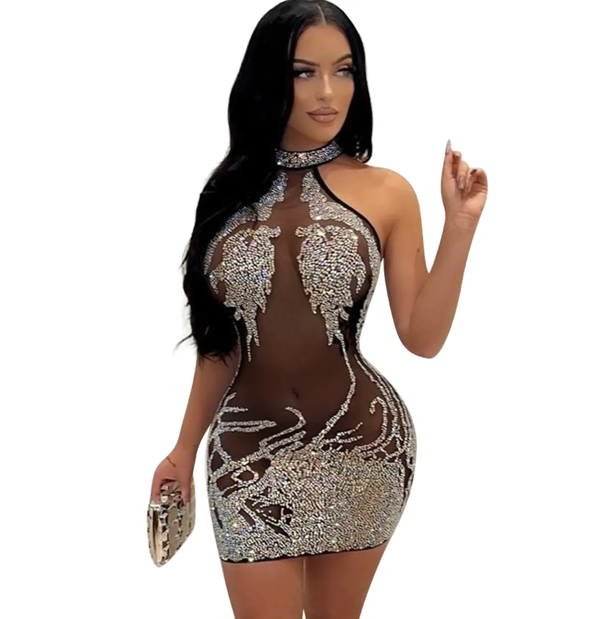 Backless Mesh High Quality Full Rhinestone Dress Strapless Elegant Night Club Dresses