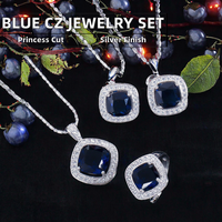Ensemble de bijoux classique pour femmes en cristal de zircon bleu foncé carré, 3 pièces, collier, bague, pour mariage, fête, plaqué rhodium, tendance, cadeau pour femmes