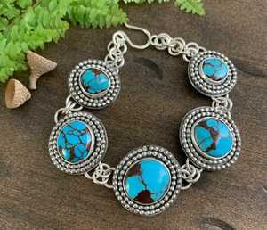 Hermosa pulsera de piedras preciosas turquesa azul Natural de forma redonda para ella, pulsera de cadena de eslabones de Plata de Ley 925, joyería Bohemia - Product Image 1