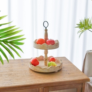 HOME Farmhouse Round 2-layer Snack Dessert Candy <b>Cake</b> Fruit Plate Display <b>Storage</b> Wooden Finish Tray with Metal Handle - Product Image 2