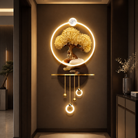 Décoration murale 3D LED Arbre Doré en Porcelaine Cristalline avec Anneau Lumineux Suspendu pour Entrée, Couloir, Salon, Intérieur d'Hôtel
