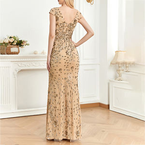 Vestidos de Festa Luxuosos com Decote em V Profundo para Mulheres, Vestido Formal Longo Elegante com Lantejoulas Champagne - Product Image 2