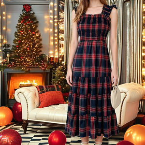 <b>Plaid</b> Midi <b>Dress</b> With Ruffles Square Neck Sleeveless A-Line Casual Autumn Cotton Blend <b>Dress</b> - Product Image 2