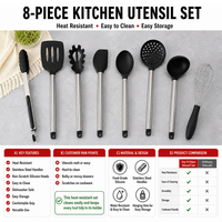 Ustensiles de cuisine faciles à nettoyer, ensemble de 9 ustensiles de cuisine en silicone avec manche et support en acier inoxydable pour ustensiles de cuisson antiadhésifs