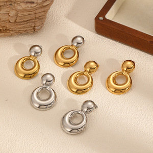 Minimalist Geometric <b>Circle</b> Stud Earrings 18k Gold Stainless Steel Women Fashion Simple Retro Double Layer Polished Titanium - Product Image 2