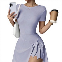 Robe de yoga taille haute à carreaux, coupe trapèze, longueur genou, sans couture, manches courtes, respirante, en Spandex/Nylon, grande taille, pour femme - Collection 2026 (Vente en gros)