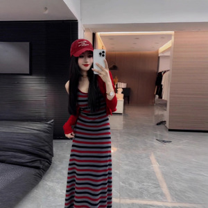 Women Two Piece Set Red Knitted Cardigan Striped Slip Dress Casual Style Full Sleeve Color Blocking Pattern Printing - Product Image 1