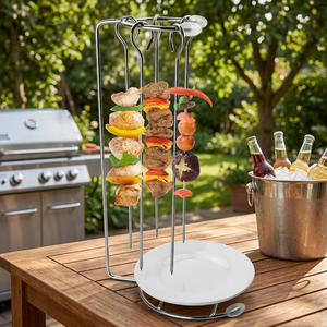Soporte vertical de acero inoxidable para brochetas, soporte de mesa para brochetas de barbacoa, colgador de carne con plato - Product Image 6