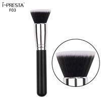 Kuas Foundation Profesional Gagang Kayu Hitam Ferrule Aluminium Bulu Sintetis Lembut Kuas Wajah Kosmetik