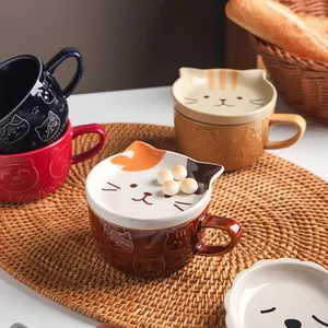 Tasse chat en céramique dessin animé avec couvercle petit déjeuner tasse à thé au lait tasses à café personnalité cadeau Pot ventre tasses mignon
