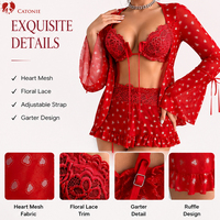 Ensemble de lingerie en dentelle rouge pour femmes, imprimé cœur de la Saint-Valentin, manches longues, sexy, romantique, pour une soirée intime