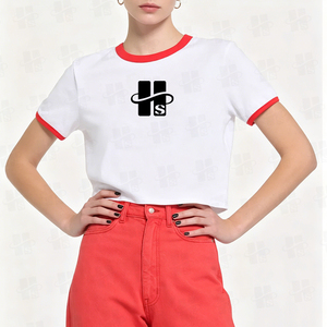 เสื้อยืดครอปแบบริงเกอร์สั่งทำขายส่ง คุณภาพสูง ผ้าคอตตอนเจอร์ซีย์ 100% ทรงบ็อกซี่ แขนสั้น เสื้อครอปผู้หญิง - Product Image 2