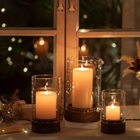 Ensemble de 3 bougeoirs rustiques en bois brun pour bougies piliers, support décoratif vintage en bois avec verre transparent pour mariages, Noël