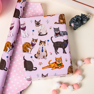 Cats With Accessories Gift <b>Wrap</b> Paper Roll <b>Pink</b> Art Paper Double Side Coated Eco-Friendly 80GSM Digital Printing - Product Image 1