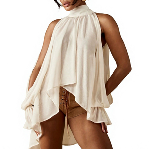 Nueva llegada: Blusa de verano asimétrica de gasa ligera con cuello halter, hombros descubiertos y lazo en la espalda para mujer - Product Image 1