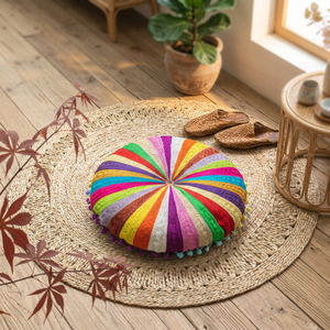 Coussin de sol rond en polyester brodé à la main de couleur jaune, travail indien, rembourré - Product Image 2