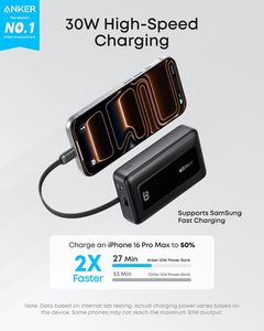 <span class=keywords><strong>Cargador</strong></span> Portátil <span class=keywords><strong>Anker</strong></span> de 10,000mAh y 30W con Batería de Litio-Polímero y Cable USB-C de Entrada/Salida para iPhone 17/16 y Más (Negro) - Product Image 2