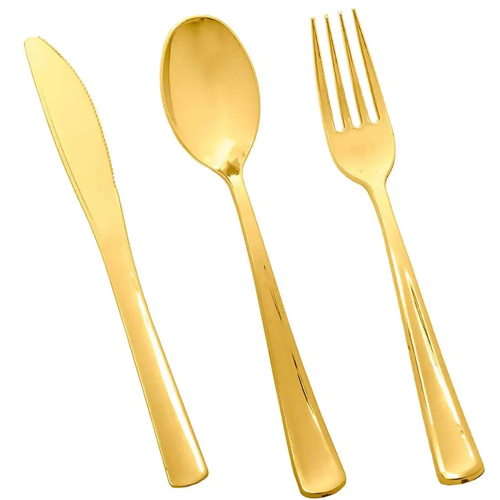 ゴールドプラスチック銀器-使い捨て食器セット-ヘビーウェイトプラスチックカトラリー-100フォーク、100スプーン、100ナイフが含まれています