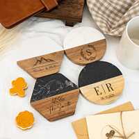 Sous-verres ronds en marbre et bois, sous-verres en marbre d'albâtre et bois, idéaux pour les boissons, le thé, le café et les tables de bar