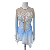 Robe de patinage et de danse pour enfants et adultes, dégradé bleu et blanc, manches longues en maille, jupe à volants avec strass, pour compétition et spectacle de patinage sur glace