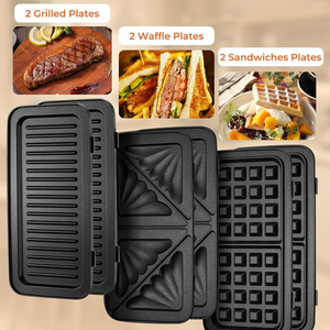Machine à petit-déjeuner multifonction 3-en-1 - Plaques interchangeables pour sandwichs, gaufres et grillades, noir, acier inoxydable - Product Image 3