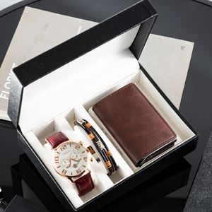 Business Men Wristwatch 3Pcs Gift Box <b>Set</b> Casual Quartz <b>Watch</b> with Cowhide Bracelet Nylon Replacement Strap - Product Image 3