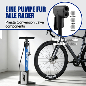 Pompe à air haute pression BOMO pour vélo, robuste, avec manomètre analogique, double valve Schrader Presta pour VTT et vélo de route - Product Image 5