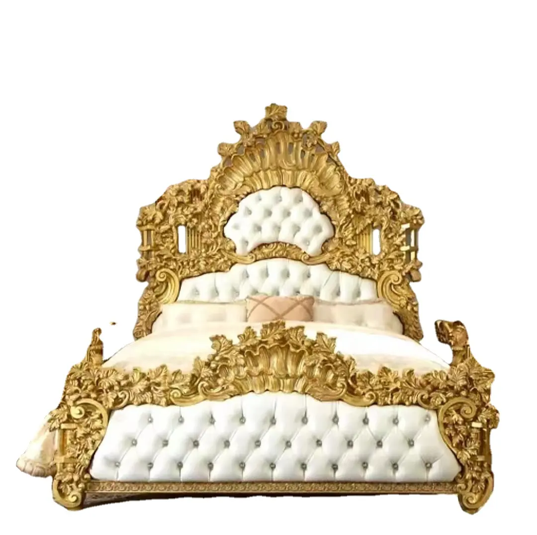 Guangzhou camera da letto di design del letto King Size di legno alta lucentezza di lusso intaglio fatto a mano per la casa con oro antico vittoriano