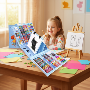 Kit d'art Artset Pro 208 pièces avec chevalet pliable double face, pastels à l'huile, crayons de couleur, aquarelles, feutres pour enfants de 3 à 12 ans, bleu - Product Image 2
