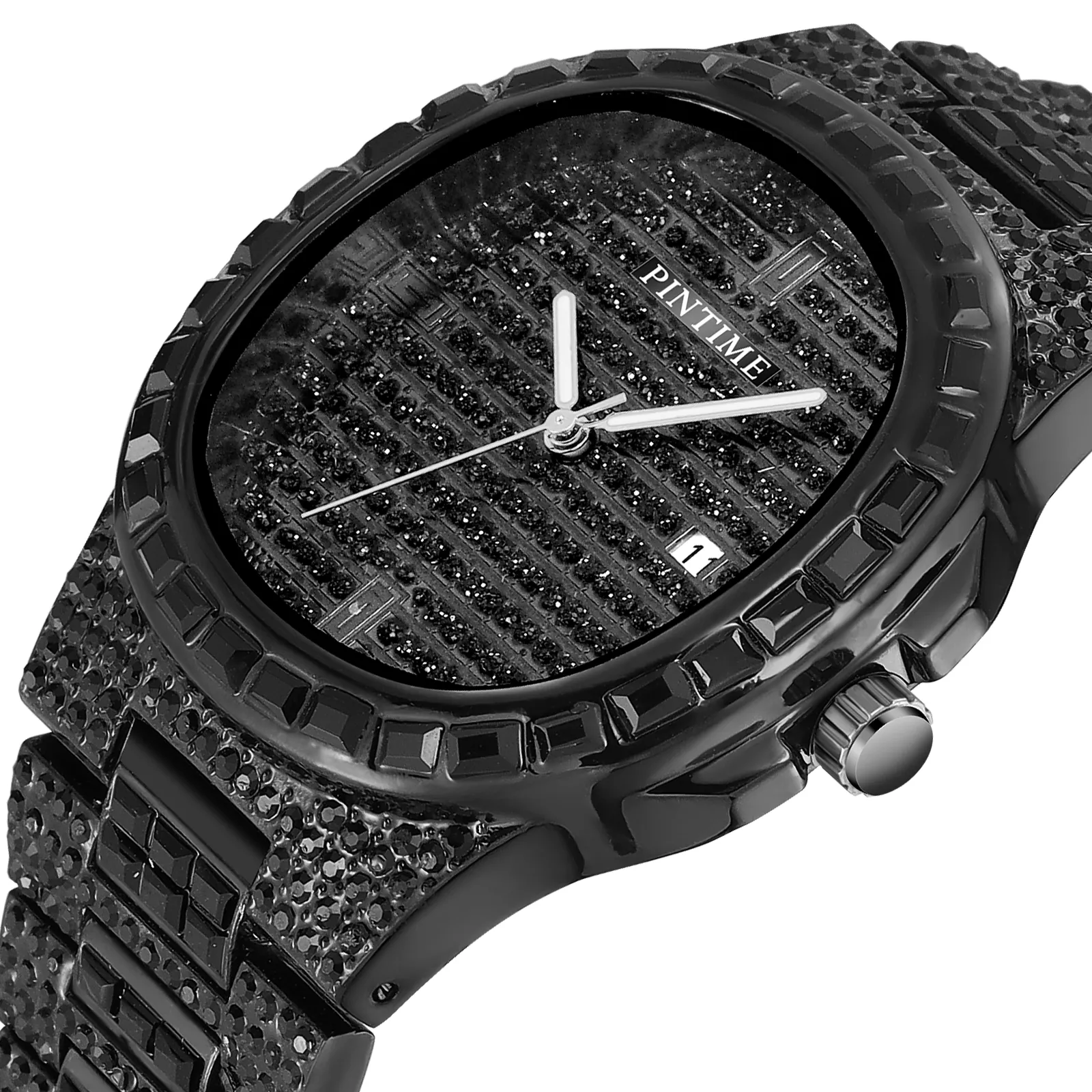 Classic Black Men Quartz Watch Luxury Diamond Watches Stainless Steel Band Fashion Wristwatch Custom Logo