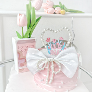 Decoración para Pastel del Día de la Madre, Adorno de Pastel de Plástico con la Frase 'Mamá, Te Quiero', Borde de Seda y Perlas - Product Image 4