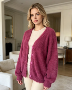 Herbst-Winter-Cardigan für Damen, Flauschiger V-Ausschnitt Strickpullover, Einreihig, Überschnittene Schulter, Puffärmel, Gerippte Manschetten, Gemütlich Weich und Warm - Product Image 3